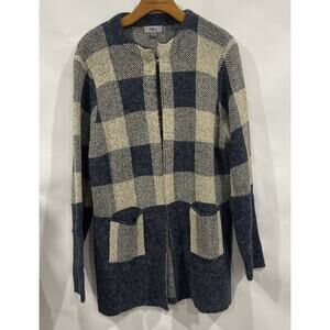 Yaira Buffalo Plaid Cardigan Sweater Open Pockets Steel Blue Beige Sz Petite XL